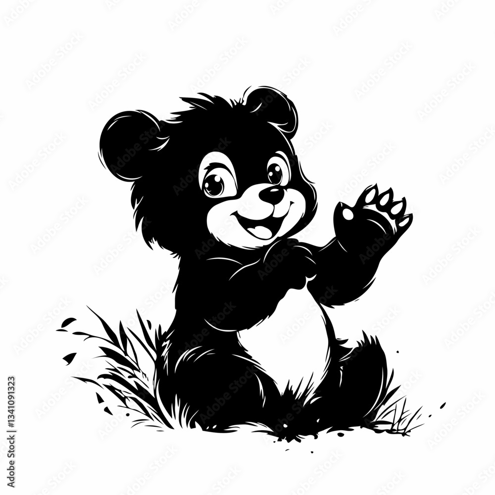 Obraz premium Happy Black Bear Cub with Round Belly Sitting Against White Background