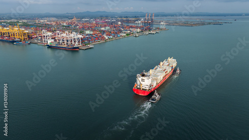 Photos shipping container carrier container sailing enter commercial port, global business and industry delivery service of cargo logistics  to import and export by ship freight transportation