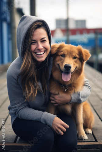 Young attractive woman sitting at the pier with her dog. Hugging and stroke lovely pet. Generative AI.