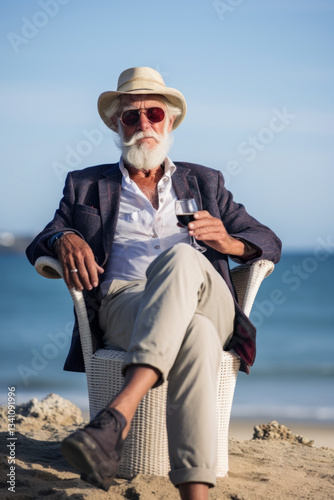A stylish seignon man with a glass of wine sits on a chair on the sandy shore. Generative AI.