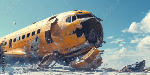 Plane crash, debris on the ground, Generative AI.