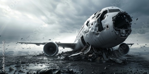 Plane crash, debris on the ground, Generative AI.
