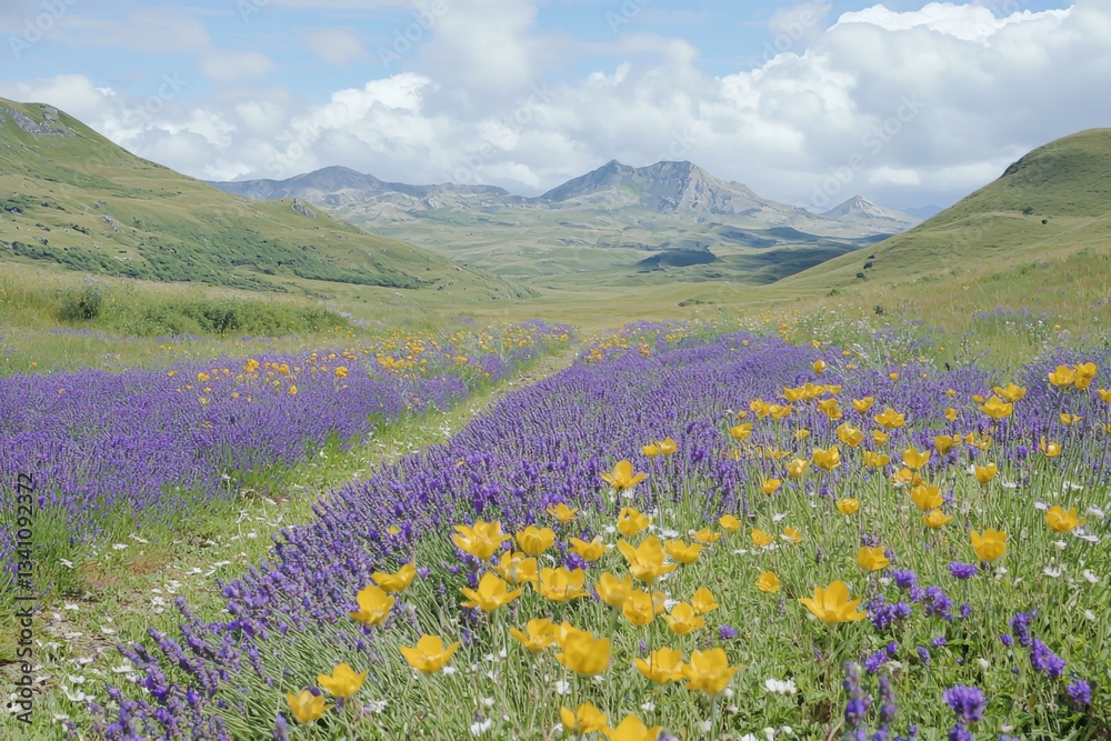Obraz premium Lavender and Wildflower Meadow in Mountain Valley