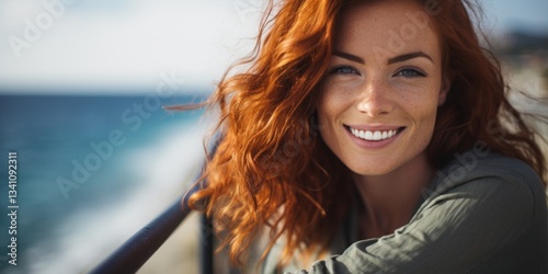 A cute red-haired girl with a beautiful smile poses near the coast on the pier, close-up portrait, Generative AI.