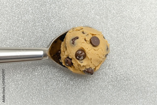 Delicious Chocolate Chip Cookie Dough in Metal Ice Cream Scoop