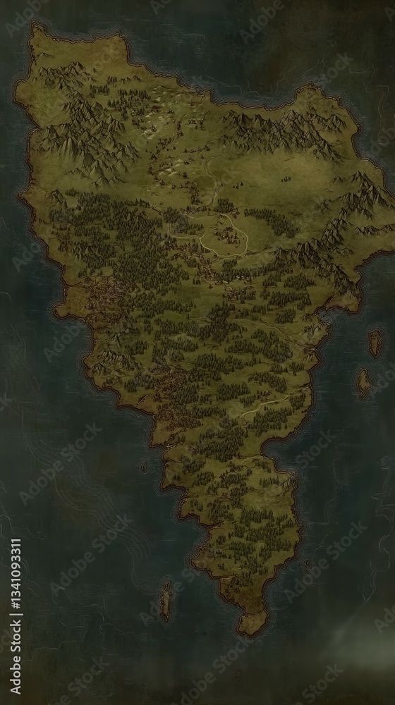 Naklejka premium A detailed fantasy world map showing forests mountains and coastal regions with a parchment style