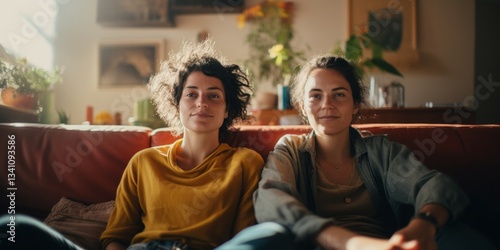 Happy young lesbian couple hugging having fun, Sitting on the sofa. Generative AI.