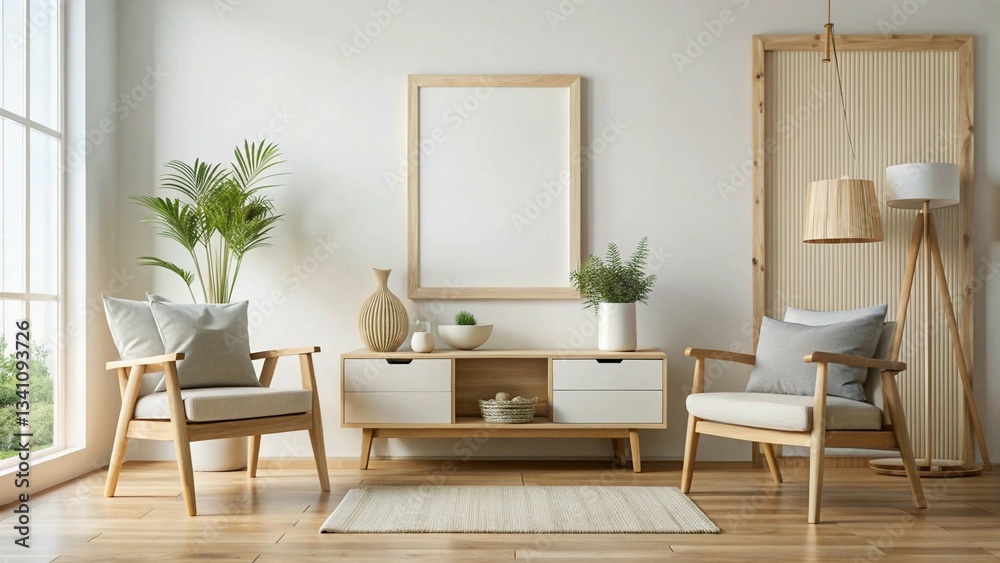 Fototapeta premium Scandinavian-style white room with natural wooden furniture, featuring a mock-up frame on the wall
