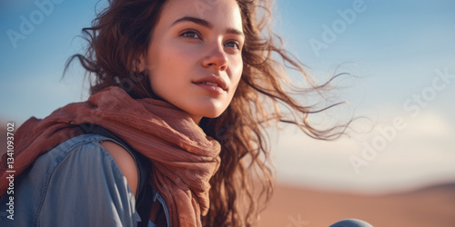 A young girl tourist sits on the sand dunes under the scorching hot sun on the sand. Generative AI.
