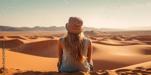 A young girl tourist sits on the sand dunes under the scorching hot sun on the sand. Generative AI.