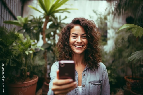 Young beautiful smiling happy girl taking selfie. Generative AI.