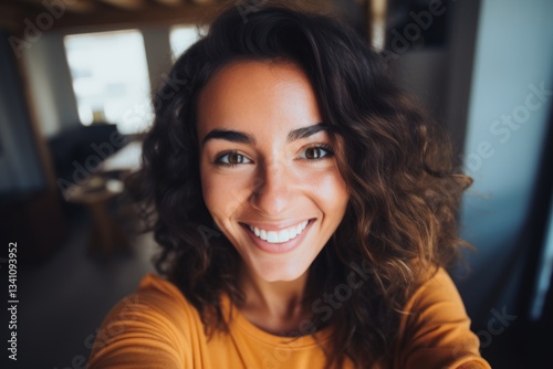 Young beautiful smiling happy girl taking selfie. Generative AI.