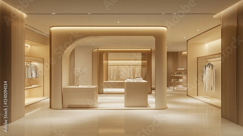 Modern retail store interior with architectural design and clothing displays