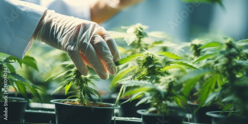 Close-up of a cannabis researcher's hands in a laboratory. Generative AI.