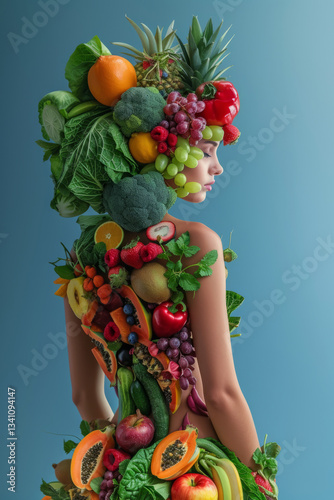 Figure of a girl made from vegetables and fruits, promotion of healthy eating, Generative AI.