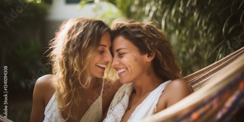 Happy lesbian couple in a hammock. Girls relax in nature, laugh with happiness. Generative AI.
