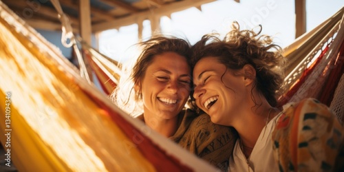 Happy lesbian couple in a hammock. Girls relax in nature, laugh with happiness. Generative AI.