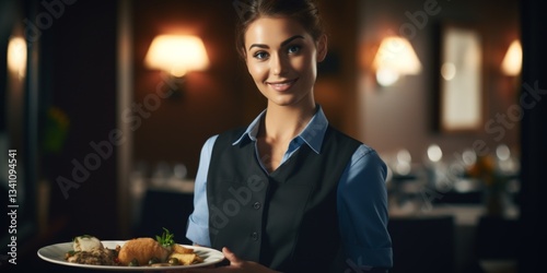 A girl waitress in a special uniform stands in a restaurant with a dish. Generative AI.