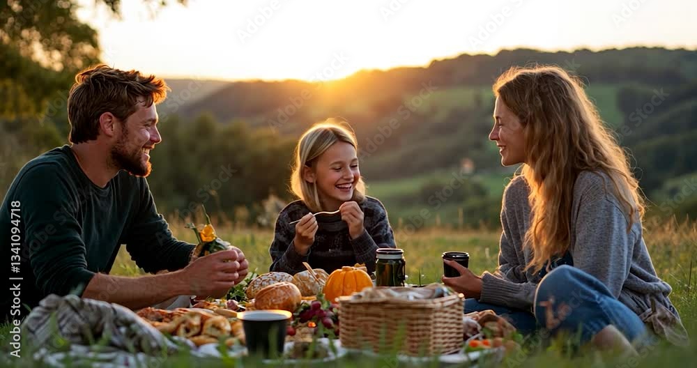 Family picnic in meadow at sunset. People laughing while eating with food and drinks. Happy family outdoors