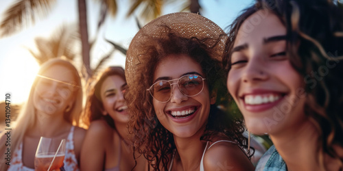 Party of happy young people with cocktails. Friends having fun on the beach. Generative AI.