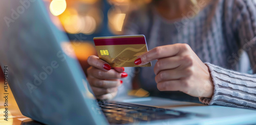 The girl holds a credit card in her hands and makes purchases on the Internet. Generative AI.
