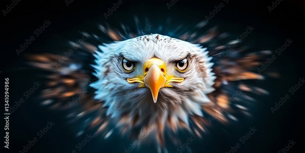 Fototapeta premium An eagle with sharp eyes and a powerful beak appears to be flying directly towards the viewer, showcasing its striking features and fierce demeanor against a blurred background.