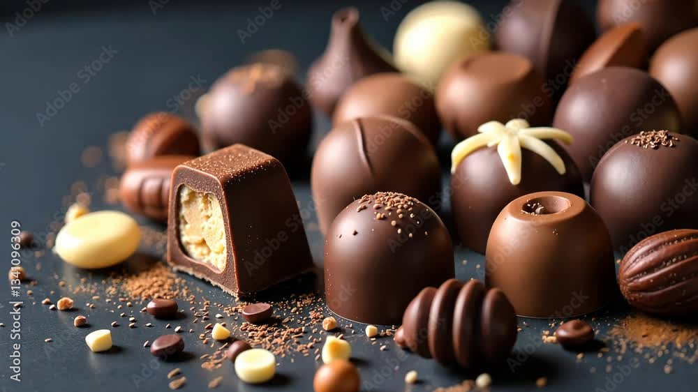 A chocolate covered candy with a hole in it. There are many other chocolates on the table