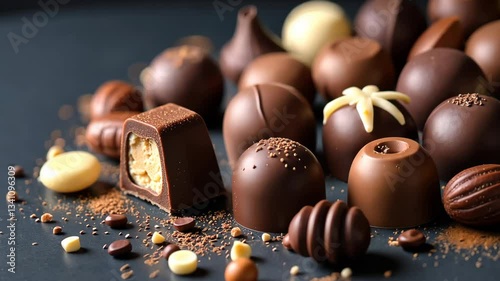 A chocolate covered candy with a hole in it. There are many other chocolates on the table