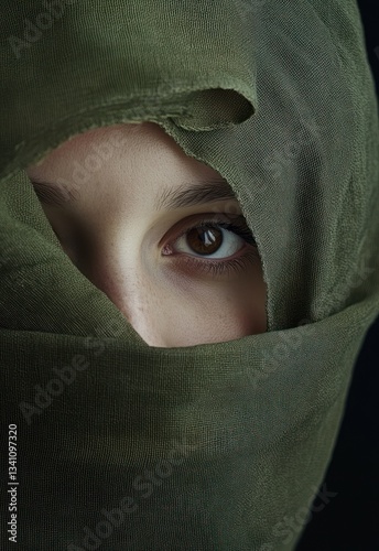 Close-up of woman with green hijab, mysterious look photo