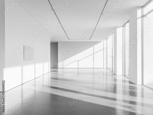 A large, empty room with a white wall and a white floor. There is a white painting on the wall