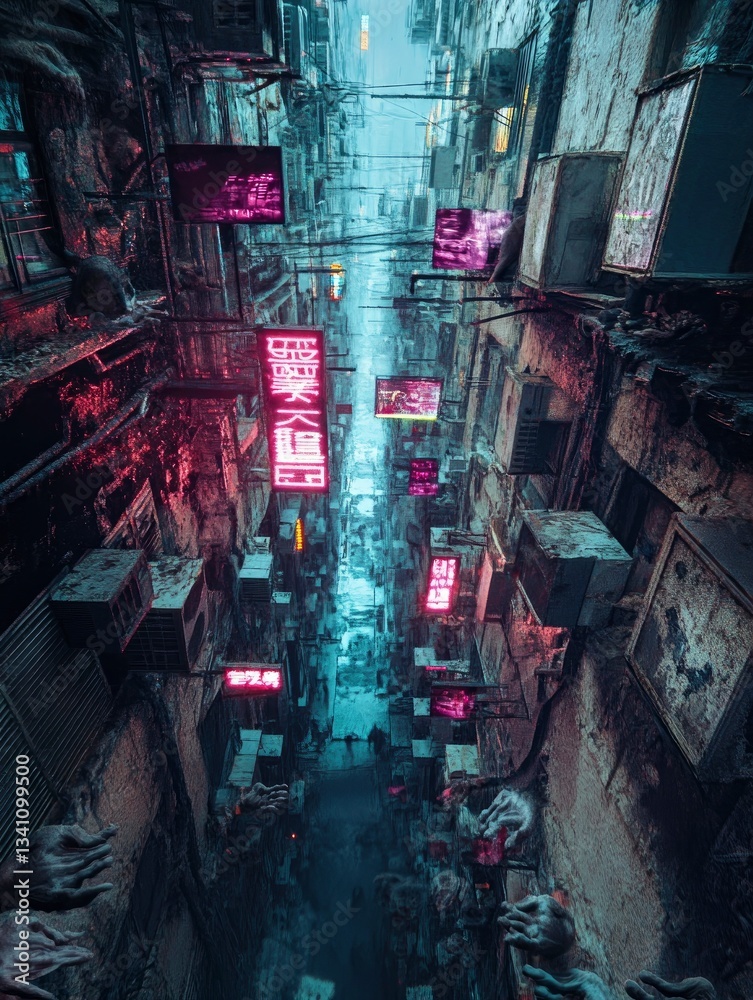 Obraz premium A claustrophobic urban alleyway, its walls impossibly tall, leaning inward as if about to collapse