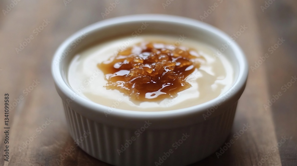 Chinese milk custard topped caramelized sugar served in a ramekin for a creamy dessert Chinese milk custard topped caramelized sugar served in a ramekin for a creamy dessert