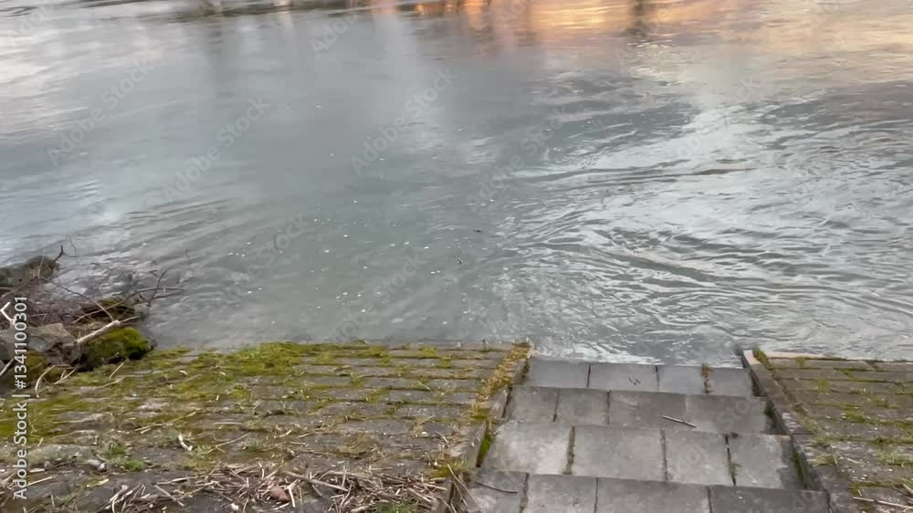 Treppenstufen am Rhein, die bei Hochwasser und Sonnenuntergang mit Wellen in der Strömung zu sehen sind