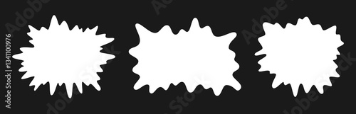 Abstract hand drawn wavy smooth monochrome white paint spot, blot, splash, explosion. Isolated on black background frame, sticker, text box for inscription sale, new. Flat vector illustration EPS10