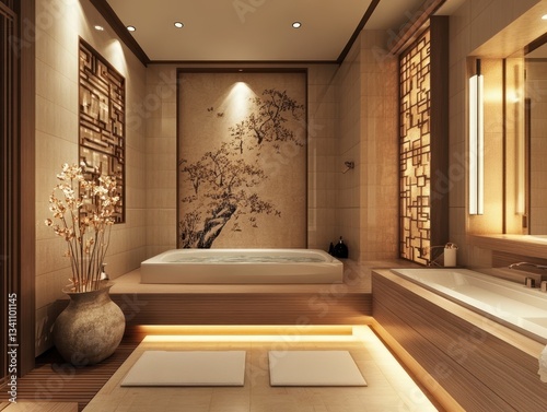 Modern bathroom featuring an integrated bathtub and minimalist artwork photo
