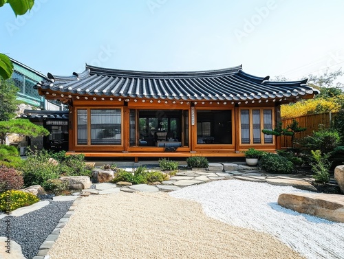 A wooden traditional house is surrounded by landscaped elements photo