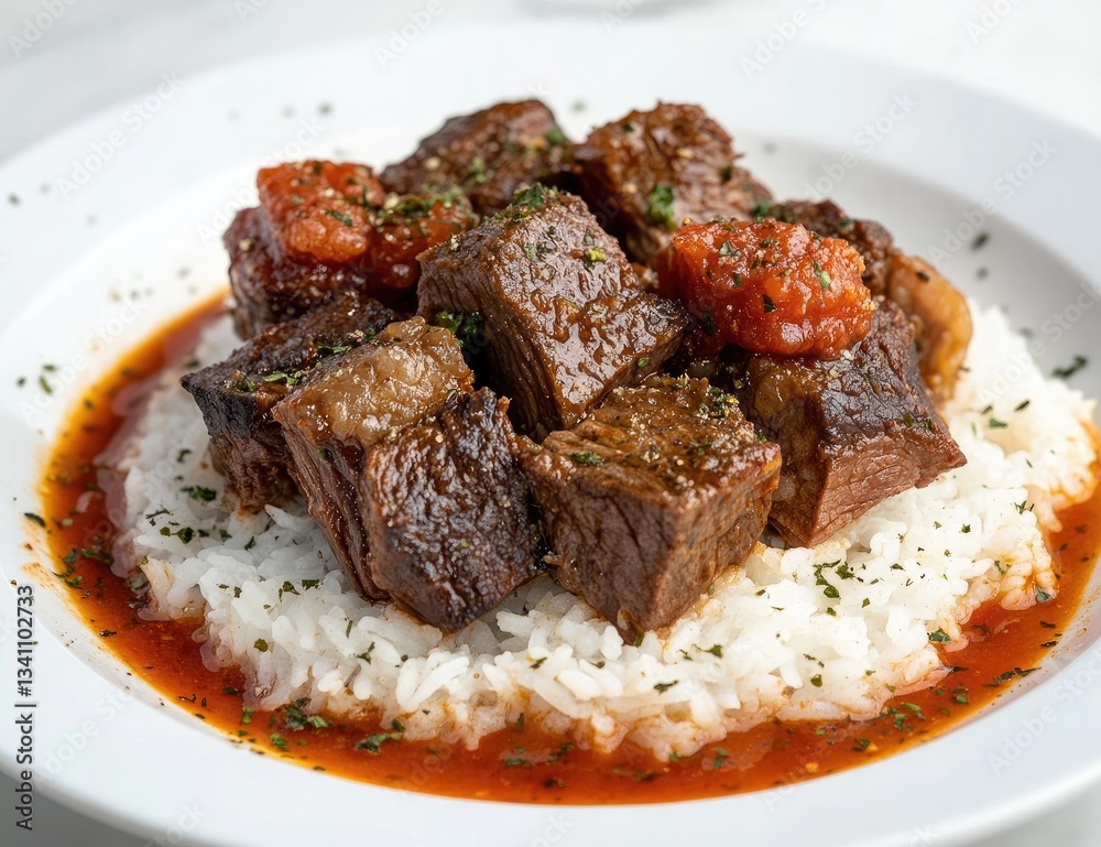 Seared Beef Cubes over Rice with Tomato Sauce Seared Beef Cubes over Rice with Tomato Sauce