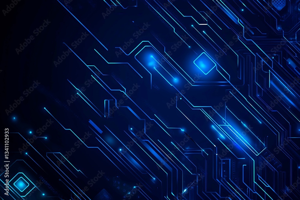 Abstract close-up of a glowing blue digital circuit board, showcasing intricate connections and technological design on a black background.
