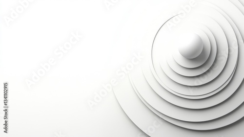 Concentric randomly offset white rings or circles steps fading out background wallpaper banner, close up flat lay top view from above. abstract modern minimal white background. Illustration