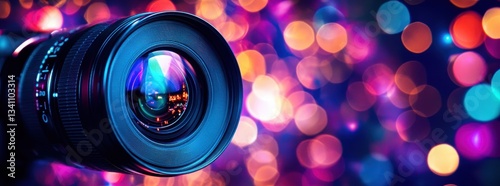 Close-up of a camera lens with vibrant bokeh background colors.