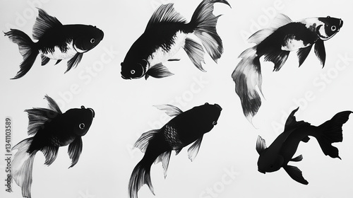 Realistic Black and White Illustrations of Fish in Various Swimming Poses