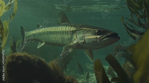 Underwater Scene with a Barracuda Swimming Amidst Seaweed