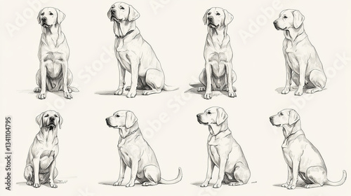 Eight Detailed Sketches of Dogs in Various Sitting Positions