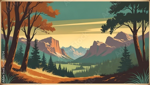 picturesque wilderness scene with rolling hills and pine trees in classic poster art for use in adventure branding, travel brochures, and retro postcard collections