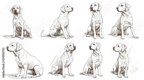 Eight Detailed Sketches of Dogs in Various Sitting Positions