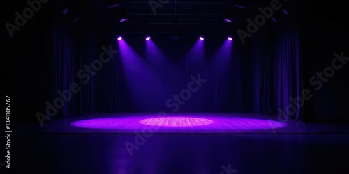 Dark stage with moody purple and blue lighting, dramatic shadows, rays, dramatic