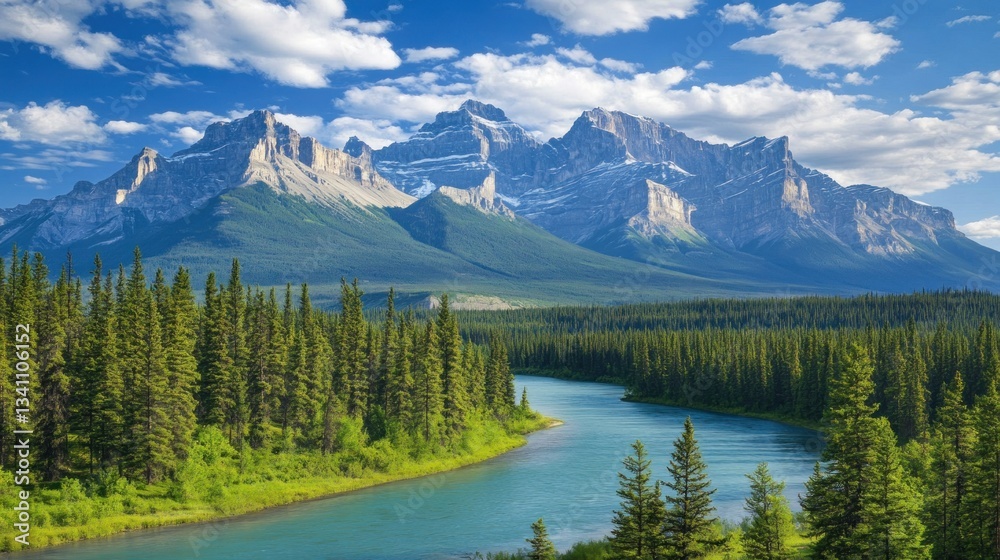 Majestic Canadian Rockies Landscape: Serene River Winding Through Verdant Coniferous Forest, Snow-Capped Mountains Majestic Canadian Rockies Landscape: Serene River Winding Through Verdant Coniferous Forest, Snow-Capped Mountains