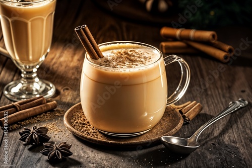 eggnog houmemade with cinnamon and kakao for christmas and winter holidays or wooden broun backgrounds