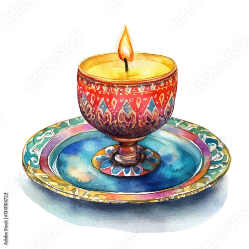 A Watercolor traditional floral Candle with red ribbon on a blue plate Front View. Traditional Persian New Year Hyacinth, isolated on a white background. Nowruz vector design set