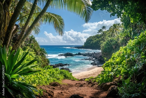 Tropical paradise vista. Lush greenery frames a secluded beach cove